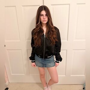 RACHEL Rachel Roy Black Satin Feel Ruffle Bomber Jacket Coat